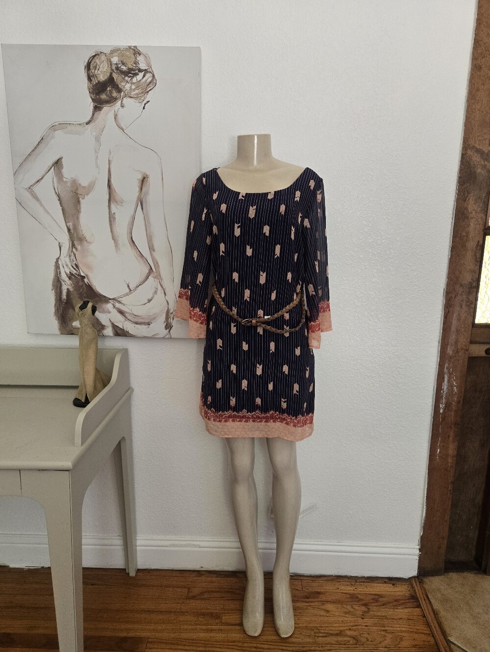 NWT Women's Pink Blush Tribal Navy and Coral Patterned Shift Dress Size Small